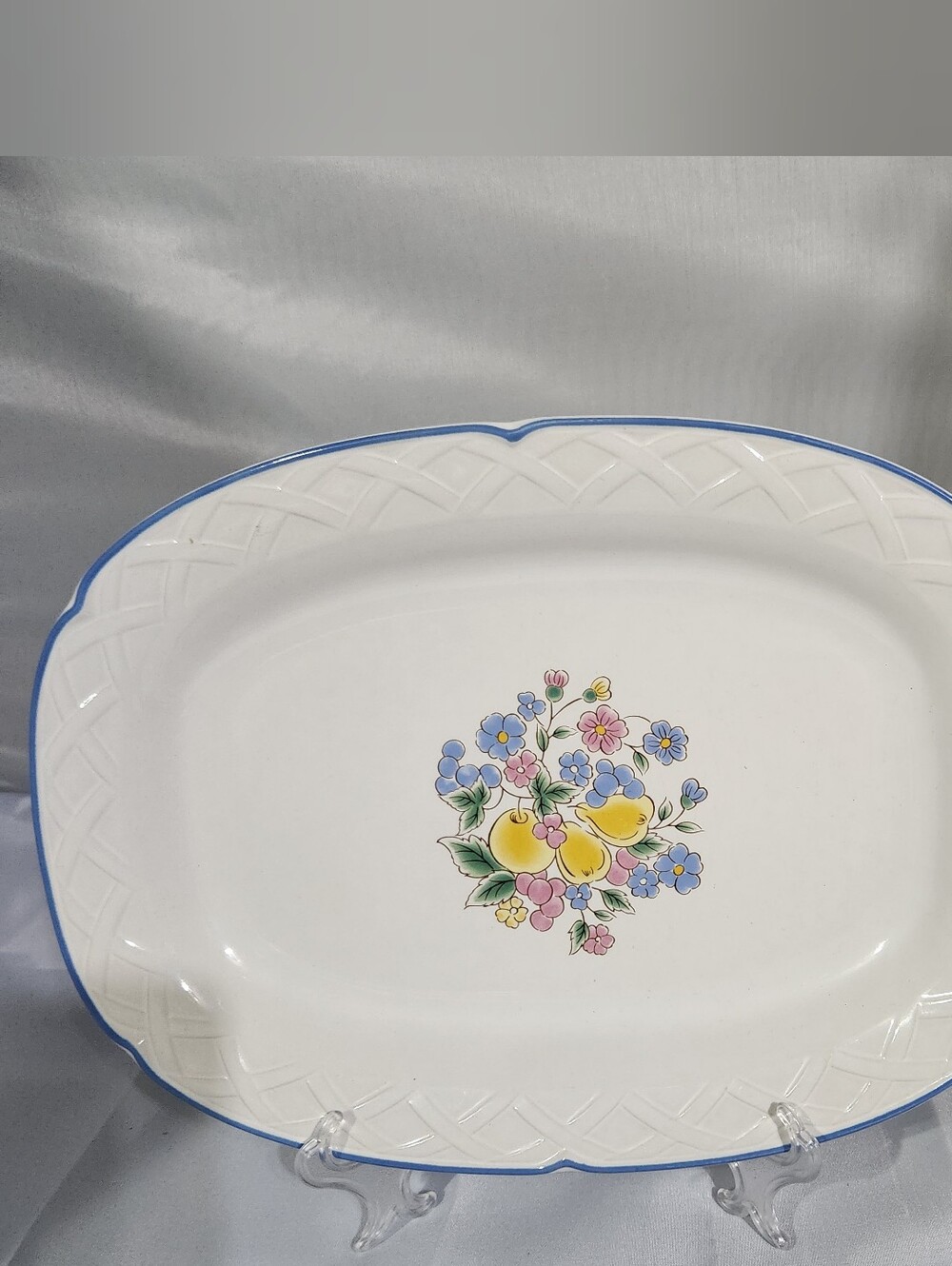 White Ceramic Serving Platter with Blue Trim and Floral Fruit Design